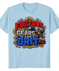 Rad Mechanical Engineer T-Shirt For Gear Heads And Workshop Grinders in blue with drill and gear graphics.