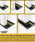 Close-up of garage door with black threshold seal and yellow strip to prevent drafts and gaps.