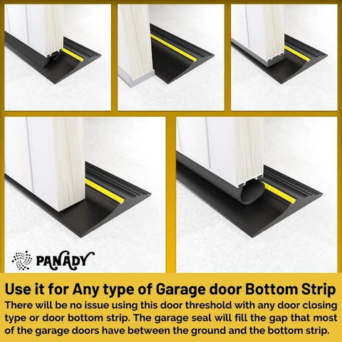 Close-up of garage door with black threshold seal and yellow strip to prevent drafts and gaps.