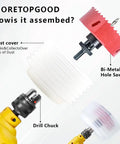 Moretopgood 6 Inch HSS Bi-Metal Hole Saw Kit With Arbor And Dust Bowl components showing assembly with drill chuck
