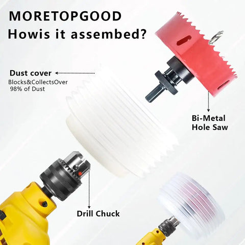 Moretopgood 6 Inch HSS Bi-Metal Hole Saw Kit With Arbor And Dust Bowl components showing assembly with drill chuck