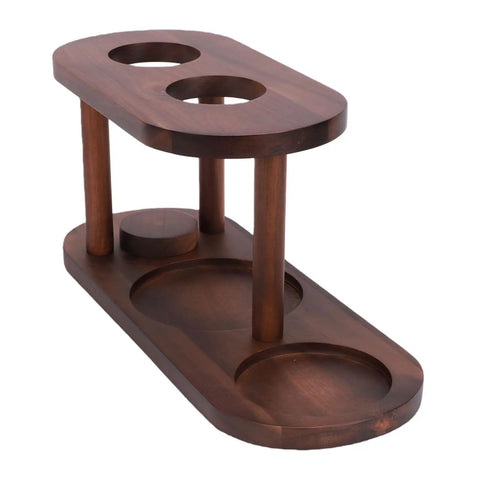 Premium Solid Wood Pour Over Coffee Station With Elevated Dripper Stand, showcasing a sturdy timber mount with two circular holes.