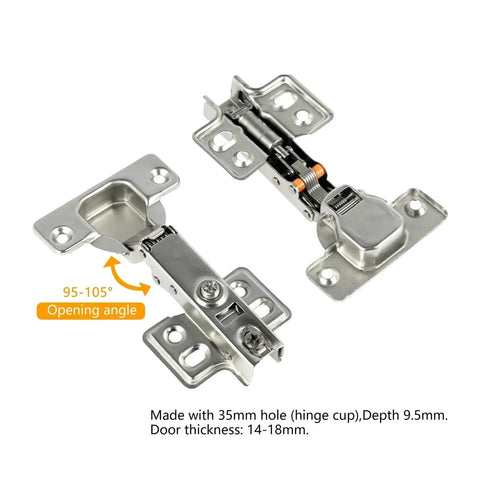 Stainless Steel Cabinet Hinges With Hydraulic Soft Close shown with 95-105° opening angle and specifications.