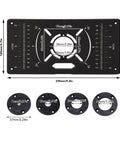 Rock Solid Router Table Insert Plate With Adjustable 62 By 70 Mm Hole Spacing showing dual measurement markings and various hole sizes.