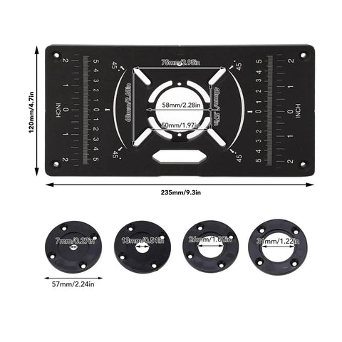 Rock Solid Router Table Insert Plate With Adjustable 62 By 70 Mm Hole Spacing showing dual measurement markings and various hole sizes.