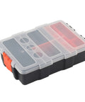 Two Layer Plastic Tools Organizer Box For Garage And Workshop, black case with clear lid, multi-compartment, orange latch