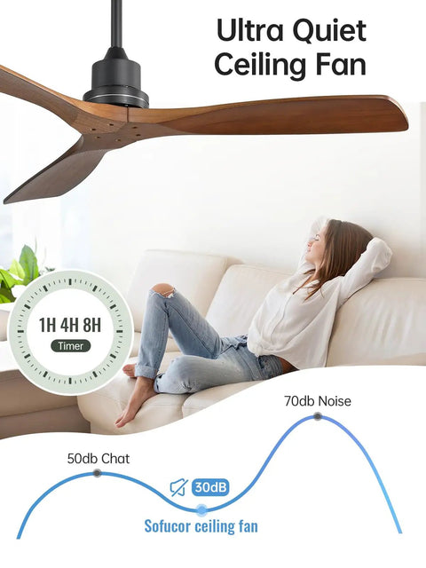 52 Inch No Light Ceiling Fan for Indoor Outdoor Use With Remote Control 3 Blade Reversible DC Motor Modern Wood Walnut Finish