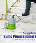 Zero Puddle Headache Automatic Submersible Utility Pump With Smart Water Sensor for draining water on wet stairs.
