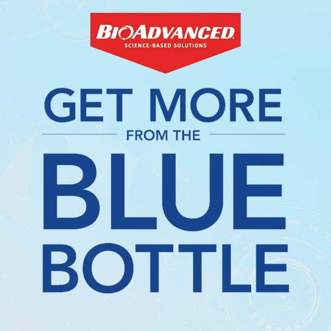 Text promoting BioAdvanced with 'Get More from the Blue Bottle,' linked to Concentrated Vegetable and Garden Insect Spray.