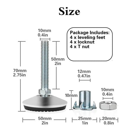 Swivel Adjustable Leveling Feet Set With T Nut Bolts 10 Pcs for tables and chairs, 70mm height with galvanized metal base, package size shown
