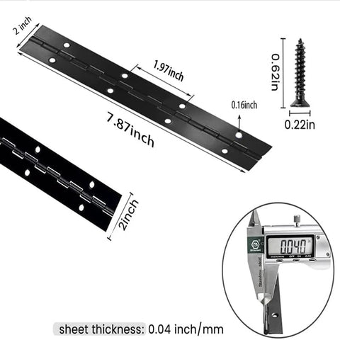 Built Like A Tank 304 Black Stainless Steel Continuous Piano Hinges Eight Inch with dimensions and screws.