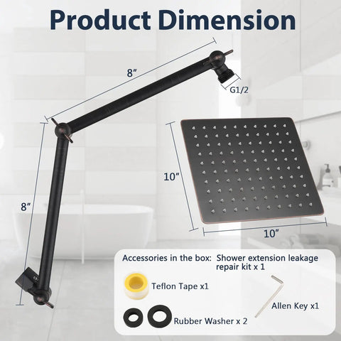 Diagram of 10 Inch Rain Shower Head With 16 Inch Adjustable Arm Extender, showing dimensions and included accessories.