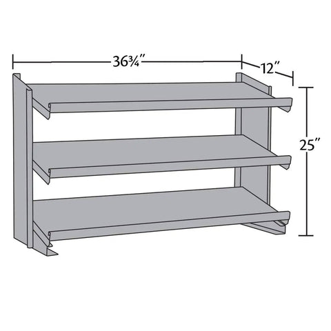 Diagram of Garage Ready Heavy Duty Three Shelf Work Bench Storage Rack With Angled Shelves For Plastic Bins, 36 And Three Quarters Inches Wide