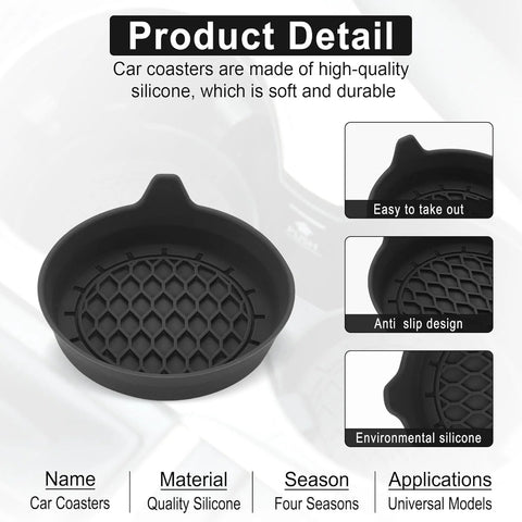 SINGARO car cup holder coaster set of 4 in black silicone; universal non-slip inserts with honeycomb pattern.