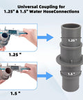 Must Have Pool Hose Adapter For 1 1/4 Inch Or 1 1/2 Inch Hoses, showing size measurements for universal fit.