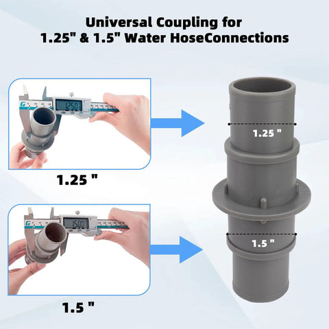 Must Have Pool Hose Adapter For 1 1/4 Inch Or 1 1/2 Inch Hoses, showing size measurements for universal fit.