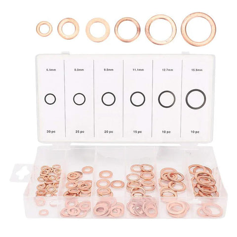 110 Piece Copper Washer Set With Mixed Sizes For Brake Lines Oil Lines And Small Engine Repair Durable High Conductivity Seals For A Tight Fit And Heat Resistance Your Go To Grounding Task Kit, assorted copper washers in labeled case