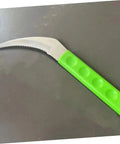 Close-up of a green-handled Two Pack Stainless Digger Sickle Long Handle Garden Tool For Weeding Harvesting Grass Cutting And Mulching