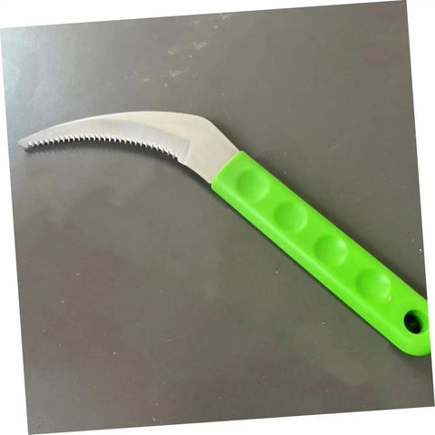 Close-up of a green-handled Two Pack Stainless Digger Sickle Long Handle Garden Tool For Weeding Harvesting Grass Cutting And Mulching