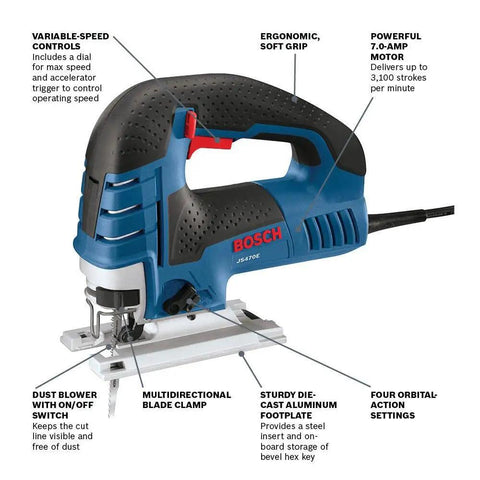 Top Handle Jig Saw With 7 Amp Motor, 3100 SPM, 45 Degree Bevel Cuts, Variable Speed Control, Ergonomic Corded Design, Tool-Less Blade Change, Quick Blade Ejection Lever, 4 Orbital Action Settings, JS470E