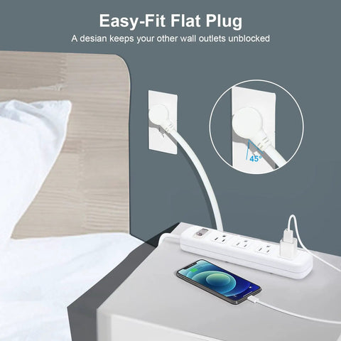 Wall Mounted Power Strip With Four Outlets, Surge Protector, Six Foot Extension Cord, 15A 125V 1875W, 300J beside bed