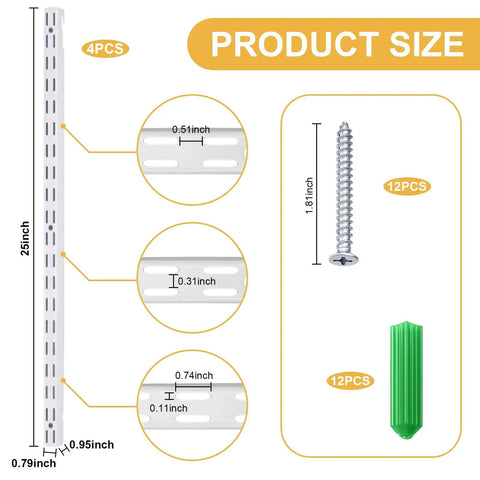 Diagram showing dimensions of Four Pack 25 Inch Adjustable Closet Track Shelving System Rails with screws and anchors.