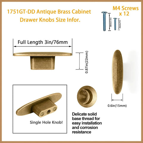 12 Pack 3 Inch Large Oval Antique Brass Cabinet Drawer Pulls For Dresser Cupboard Wardrobe With Single Hole Mount dimensions