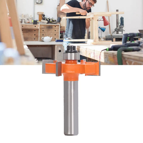 Top Notch 4 Wing Router Bit For Clean Slots In Pine And Particle Board High Carbon Steel Anti Backlash Design With 8mm Shank, seen in workshop.