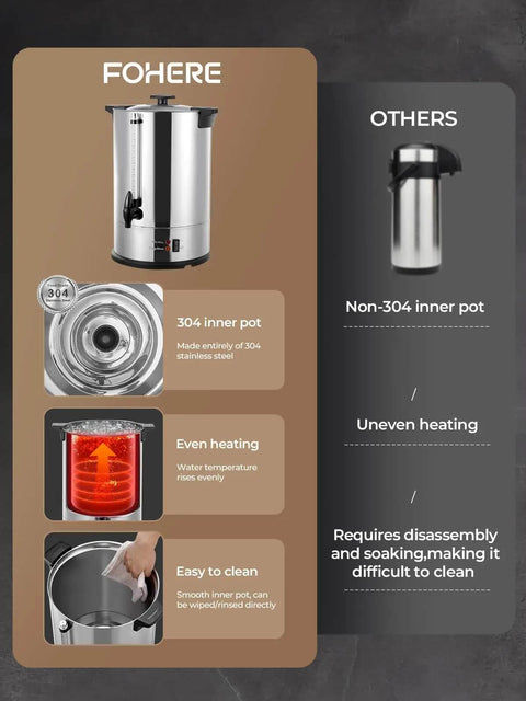 Large-Capacity Commercial Coffee Urn Dispenser 15 L Keeps Beverages Hot, 150 Cups Per Hour Quick Brew With Dripless Faucet, 1500W Power For Catering Office Buffet Party And Events, stainless steel with 304 inner pot