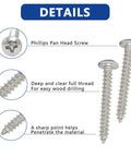 Stainless Steel Wood Screws Kit With 550 Pieces, showing pan head details, threading, and pointed tip features, for wood and metal projects.