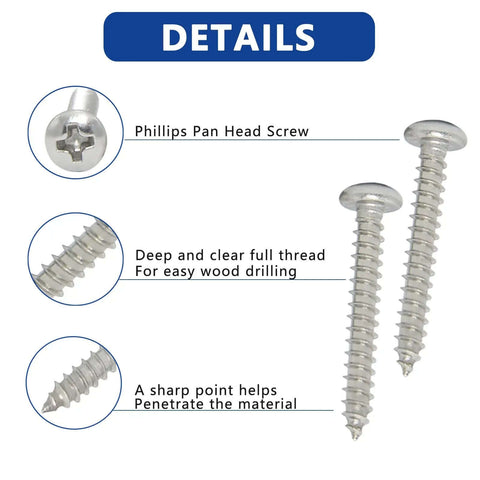 Stainless Steel Wood Screws Kit With 550 Pieces, showing pan head details, threading, and pointed tip features, for wood and metal projects.