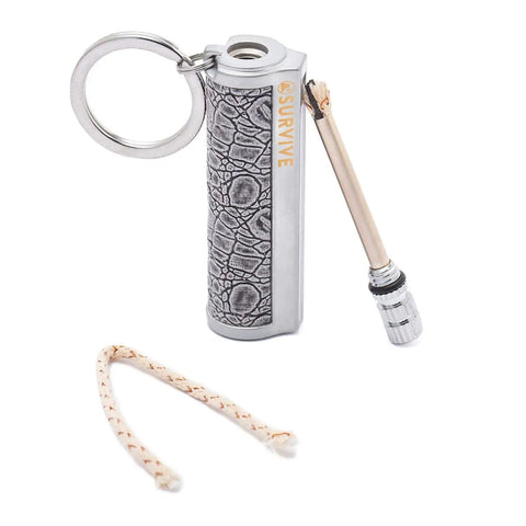 Relightable Permanent Fire Starter Metal Kit 2 Pack, Waterproof Emergency Keychain Lighter Striker with textured casing and keyring.