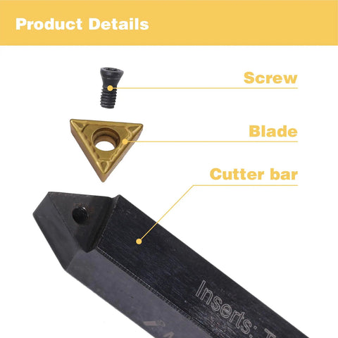 Components of 5/8 Inch Indexable Turning Tool Set With TCMT Carbide Inserts, screw, blade, and cutter bar from lathe tool kit.