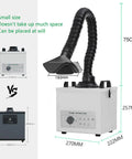 Triple Filter Solder Smoke Absorber Tabletop Fume Extractor with measurements shown, compact size comparison with another model.