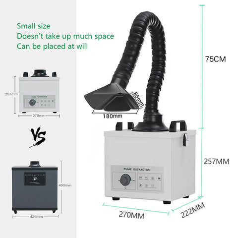 Triple Filter Solder Smoke Absorber Tabletop Fume Extractor with measurements shown, compact size comparison with another model.