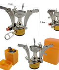 Compact camping stove with foldable design, orange carrying case, lightweight for trekking and travel.