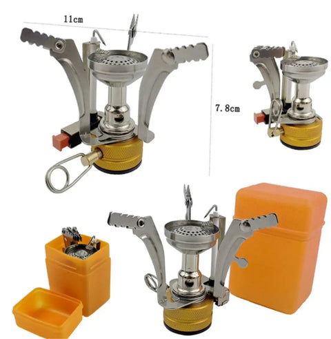 Compact camping stove with foldable design, orange carrying case, lightweight for trekking and travel.