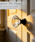 Crystal Cabinet Knobs Set 50 Pack for Dresser, side view of diamond glass pull installed, sunlight highlighting facets