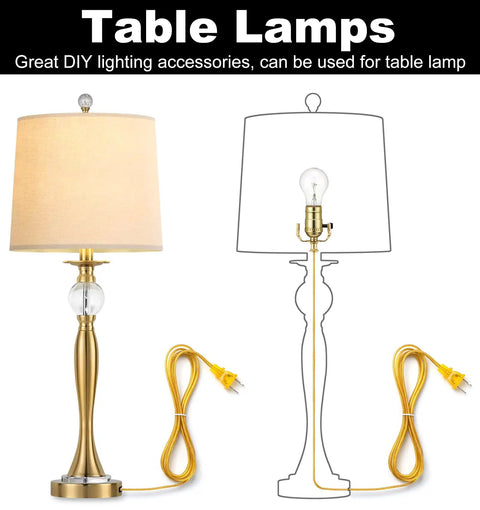 DIY Lamp Rewire Kit With 12 Ft Cord, 3-Way Brass Socket, gold table lamp with illuminated bulb and cord.