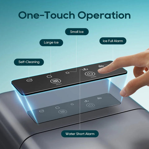 One-touch control panel on Countertop Ice Maker With 1.5L Water Tank Delivers Bullet Ice In 6 Minutes Turbo Fast Two Ice Sizes Self Cleaning.