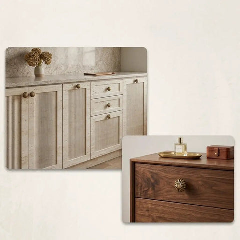 Heavy Duty 15 Piece Antique Brass Cabinet Knobs Offering A Hella Smooth Vintage Sunburst Finish on kitchen and dresser drawers.