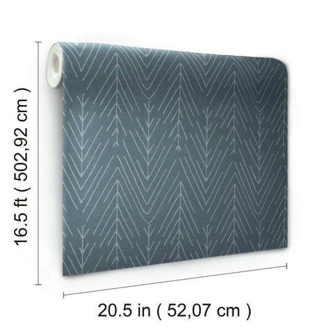Navy And Gray Twig Hygge Herringbone Peel And Stick Wallpaper roll showing dimensions 20.5 inch wide by 16.5 feet long