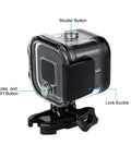 Waterproof Dive Housing For GoPro Hero 5 4 And Session With Bracket Accessories Ultra Clear Optical Glass Lens Delivers 98 Percent Light Transmission Depth Rating To 60m Salt Water Ready Underwater Case For Action Cameras with labeled buttons and lock buckle
