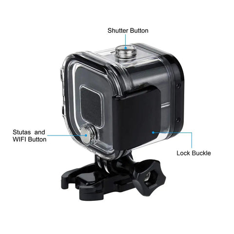 Waterproof Dive Housing For GoPro Hero 5 4 And Session With Bracket Accessories Ultra Clear Optical Glass Lens Delivers 98 Percent Light Transmission Depth Rating To 60m Salt Water Ready Underwater Case For Action Cameras with labeled buttons and lock buckle