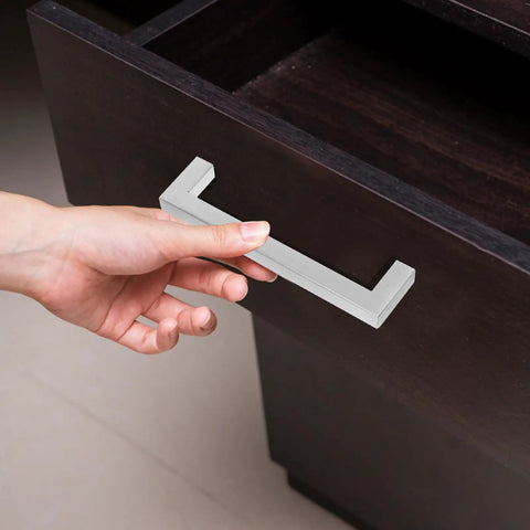 12 Pack Stainless Steel Cabinet Pull Handles For Doors And Drawers With Quick Install Ergonomic Grip Double Holes 128mm Hole Spacing Modern Sleek Silver Hardware For Kitchen Upgrade on dark drawer