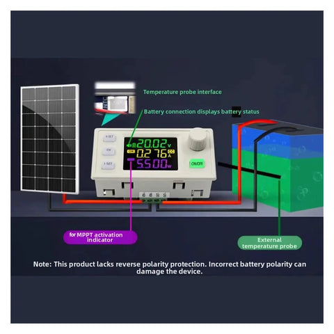 DC Boost Buck Converter Module with adjustable voltage and current regulator, showing solar charging connections and LCD display.