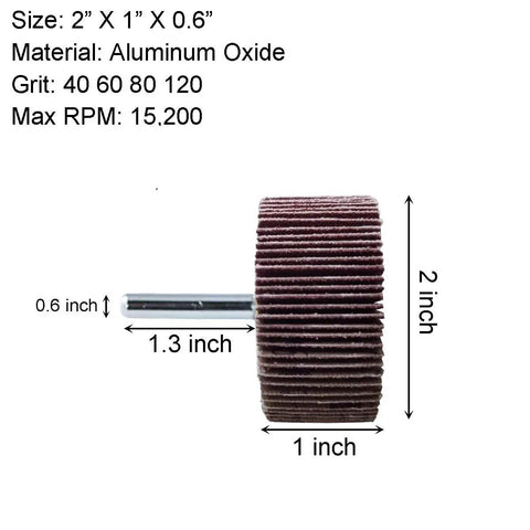 Flap Wheels Set Of Twelve, Two Inch By One Inch By Quarter Inch, Aluminum Oxide, Pro Grade For Rust Removal And Weld Burrs, Three Of Each Grit Forty Sixty Eighty One Twenty, Quarter Inch Shank Fits All Drills, side view displaying dimensions and specifications.