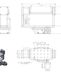 Technical drawing of Electric Rotary Table 360 Degrees Angle Rotary Table with Hollow Index Plate and U Shaped Arm in anodized black aluminum.