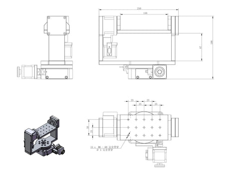 Technical drawing of Electric Rotary Table 360 Degrees Angle Rotary Table with Hollow Index Plate and U Shaped Arm in anodized black aluminum.
