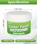 Pro Grade Lead-Free Solder Paste SAC0307 Sn99 Ag0.3 Cu0.7 jar, 100g, with dimensions and melting point details